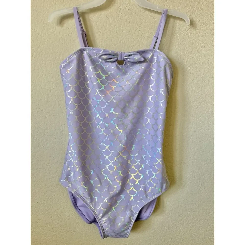 Cat & Jack Purple Mermaid Bow Adjustable Straps One Piece Swimsuit Size XL 14